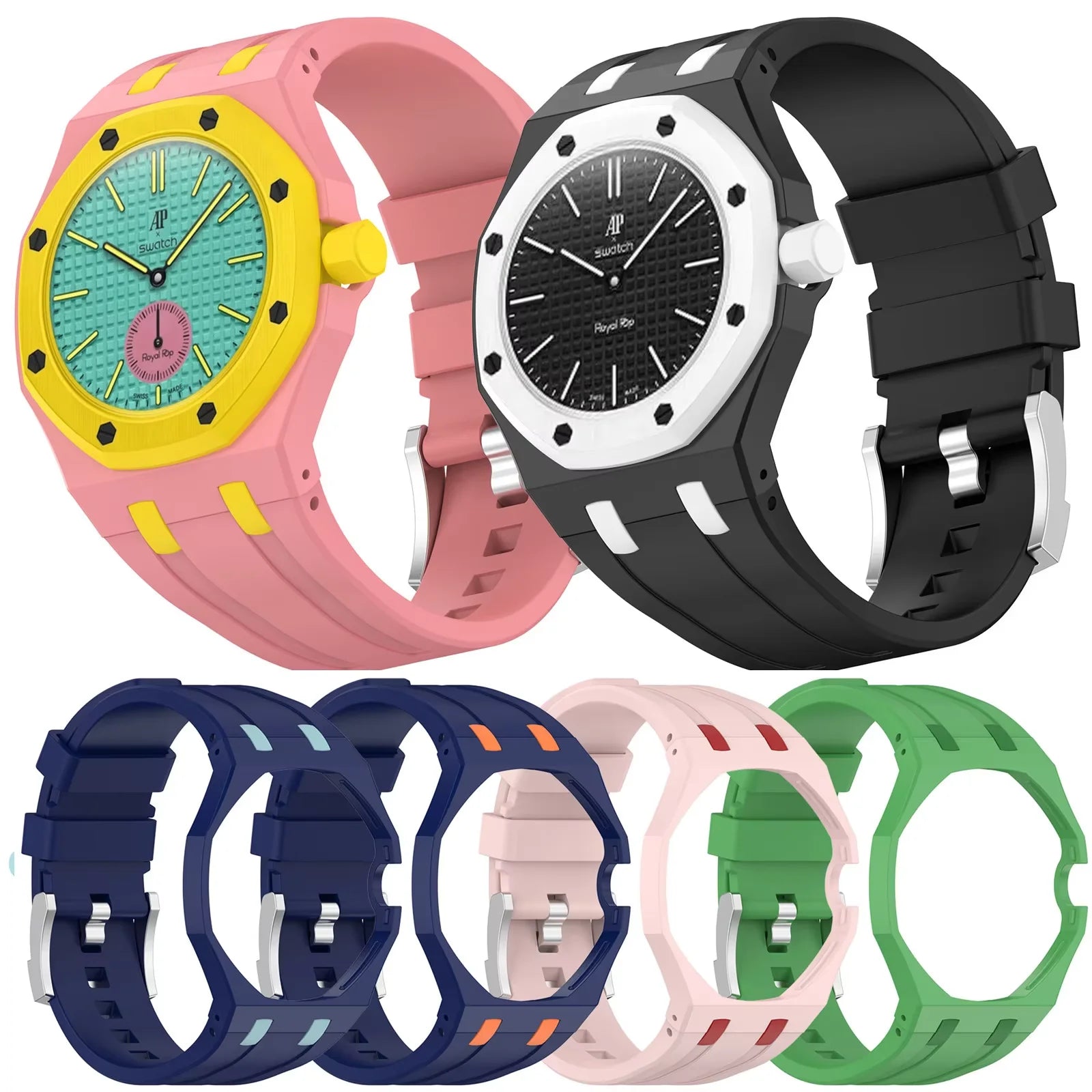 Matte PC Mod Kit Case Frame +Strap for Swatch AP Royal Pop Modification integrated Silicone Cover Bumper Band Accessorries