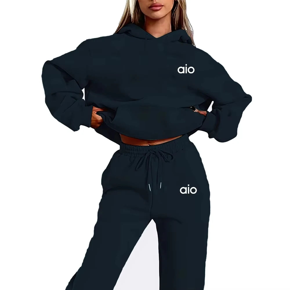 ai Printing High Quality Women Monochrome Hooded Hoodie Set Casual Two-Piece Set New Fashion Hot sweatpants tracksuit