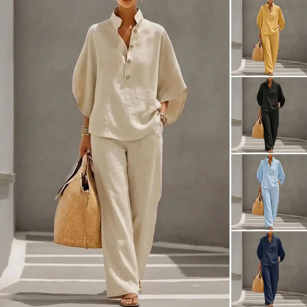Women's Batwing Sleeve Linen Two-Piece Set Casual Shirt And Wide Leg Pants Outfit Summer Vacation Lounge Sets