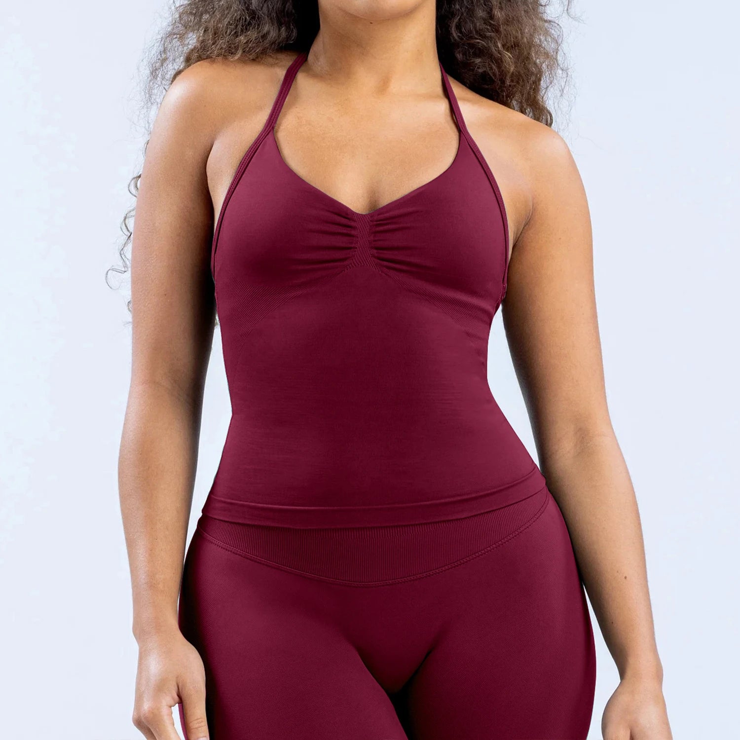 Women Seamless Yoga 2 Piece Set Halter V Neck Ruched Cami Top High Waist Stretch Leggings Gym Workout Fitness Activewear Outfit