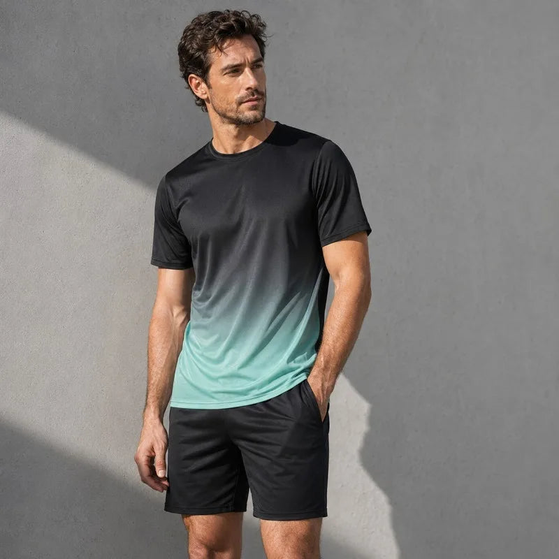 Men Quick Dry Sportswear Set 2 Piece Gradient T Shirt Shorts Lightweight Polyester Summer Gym Running Training Tracksuit