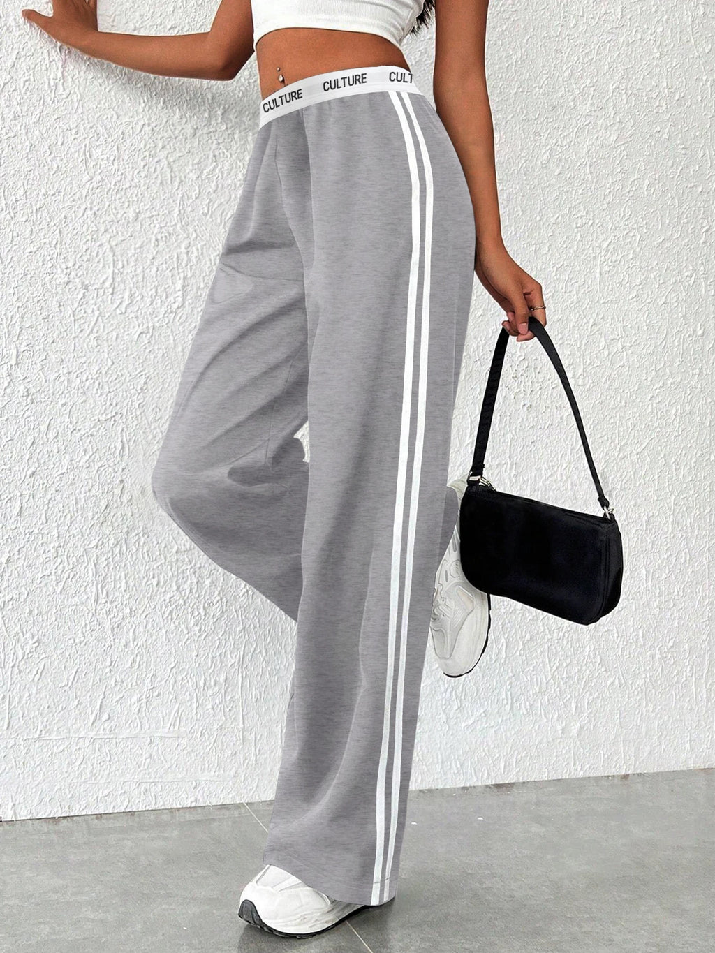 High-Waisted Elastic Waist Pants with Double Stripes - Oversized Comfy Lounge Trousers
