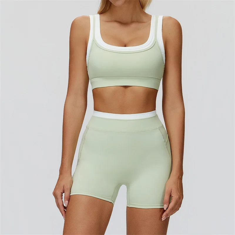 TRY TO BN Yoga Shorts Sets Women's Tracksuit Two Fake Pieces Sports Ribbed Contrasting Color Workout Running Fitness Gym Clothes