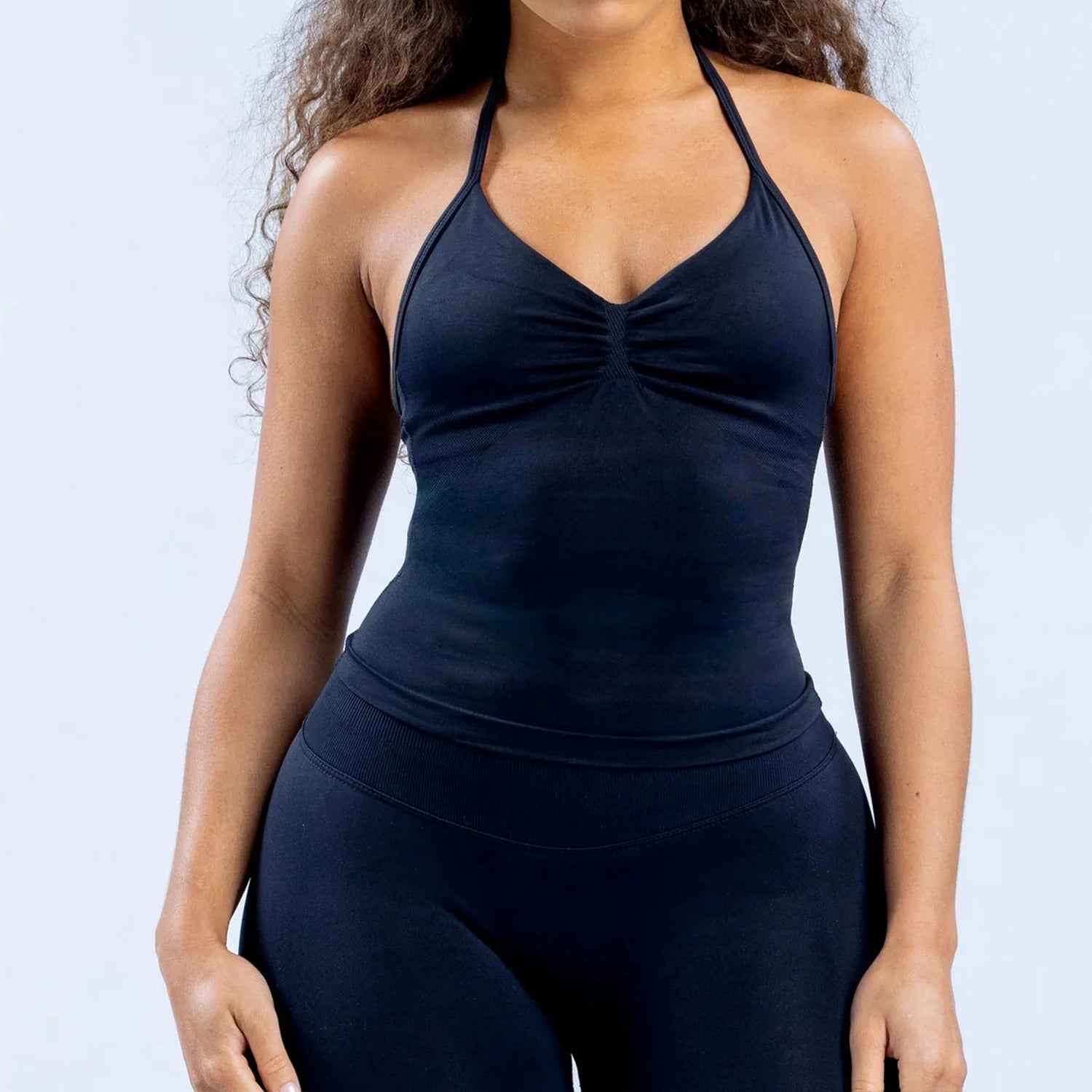 Women Seamless Yoga 2 Piece Set Halter V Neck Ruched Cami Top High Waist Stretch Leggings Gym Workout Fitness Activewear Outfit