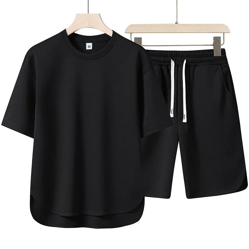 2026 Summer New Men Suit Round Neck Short Sleeve T-shirt+shorts Two Piece Set Loose Outdoor Sports Casual Solid Color Tracksuit