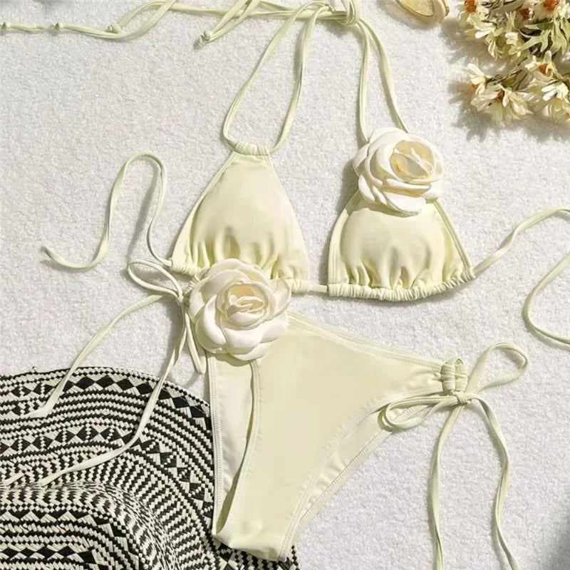 Women's Flower Bandeau Bikini Set – Lace-Up Thong Brazilian Swimsuit