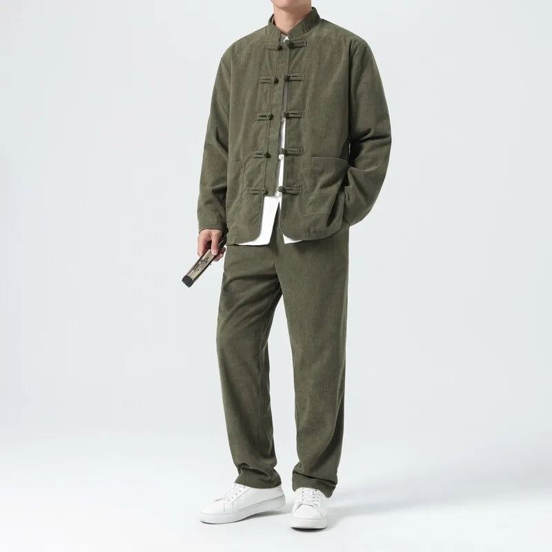 Men Corduroy Sets Men Tang Suit Jackets +Pants Male Kung Fu Traditional Chinese Top & Bottom Sets Men Tai Chi Hanfu Tracksuit