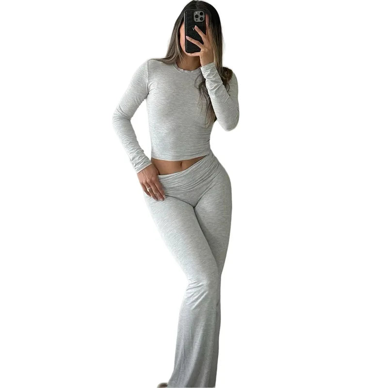 Comfy Cotton Lounge Wear Women Clothes High Stretch Slim Crop Top and Skinny Flare Leg Pants Suit Gym Fitness 2 Two Piece Sets