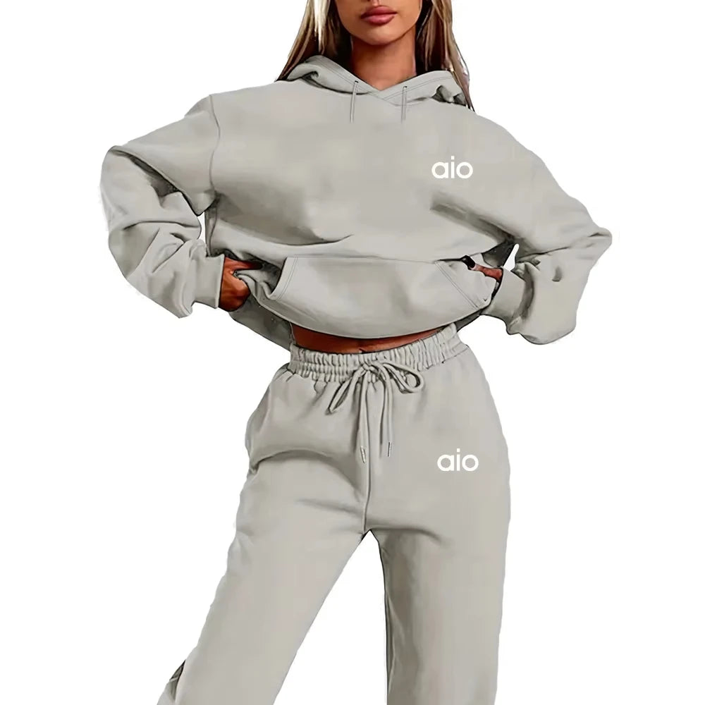 ai Printing High Quality Women Monochrome Hooded Hoodie Set Casual Two-Piece Set New Fashion Hot sweatpants tracksuit
