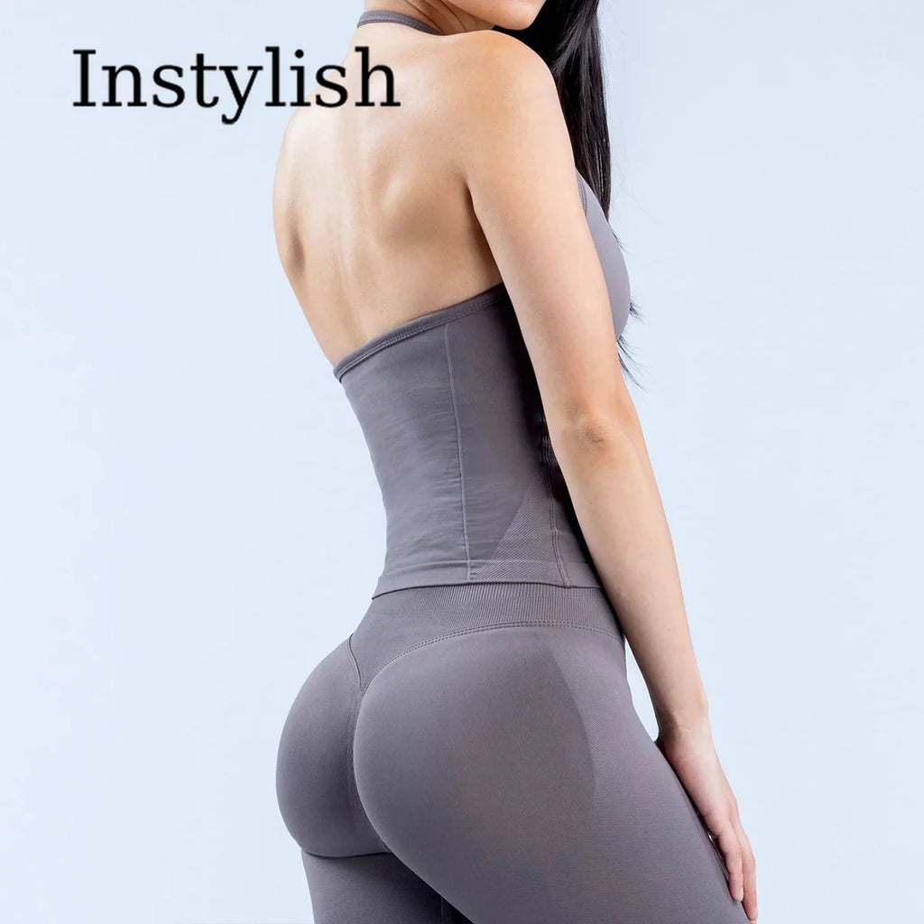 Women Seamless Yoga 2 Piece Set Halter V Neck Ruched Cami Top High Waist Stretch Leggings Gym Workout Fitness Activewear Outfit