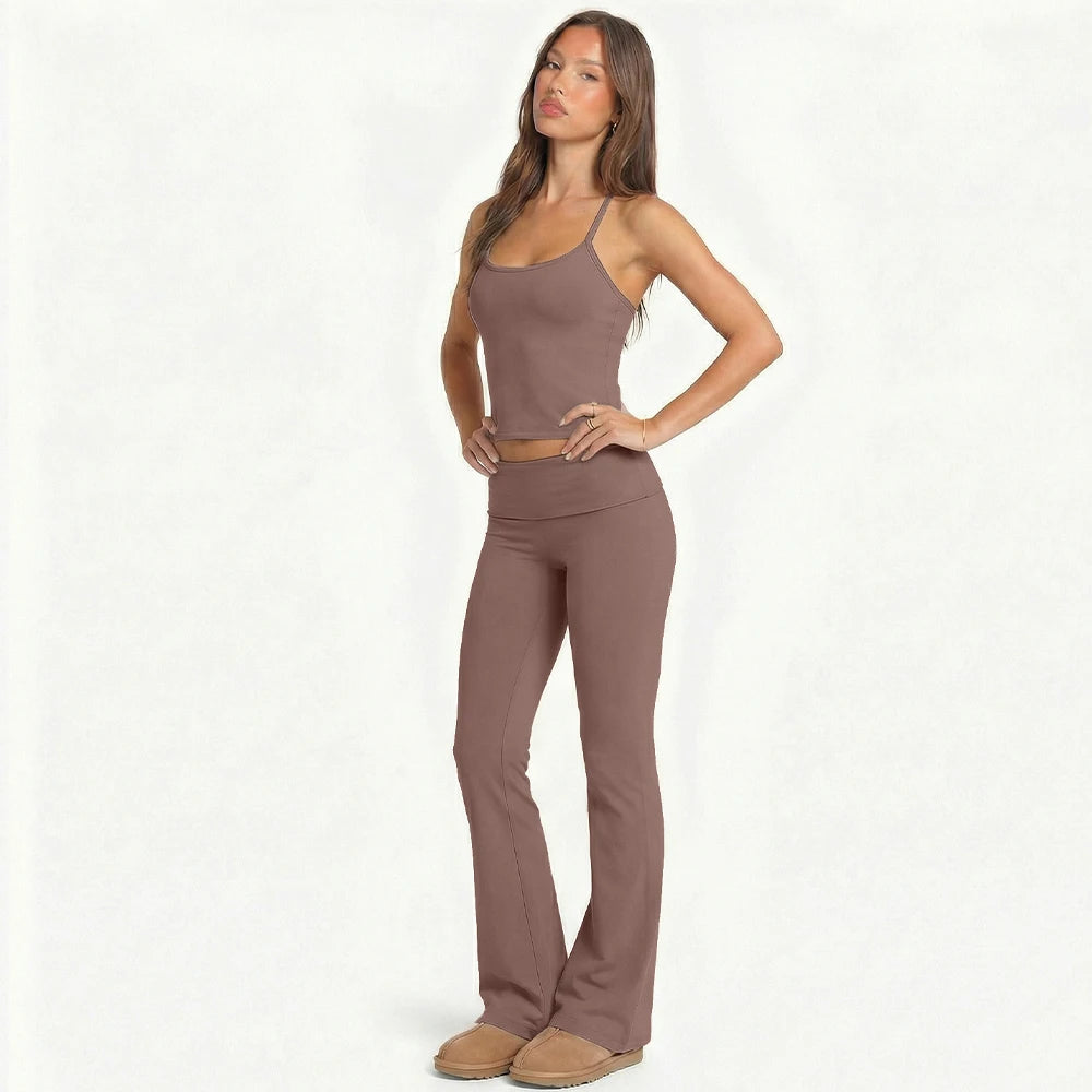 2 Piece Yoga Set Women Foldover Waist Flare Pants Bell Bottoms Tank Top Matching Set Gym Workout Fitness Wear Lounge Wear Suit