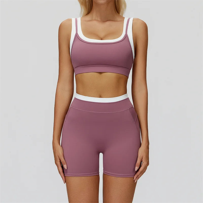 TRY TO BN Yoga Shorts Sets Women's Tracksuit Two Fake Pieces Sports Ribbed Contrasting Color Workout Running Fitness Gym Clothes
