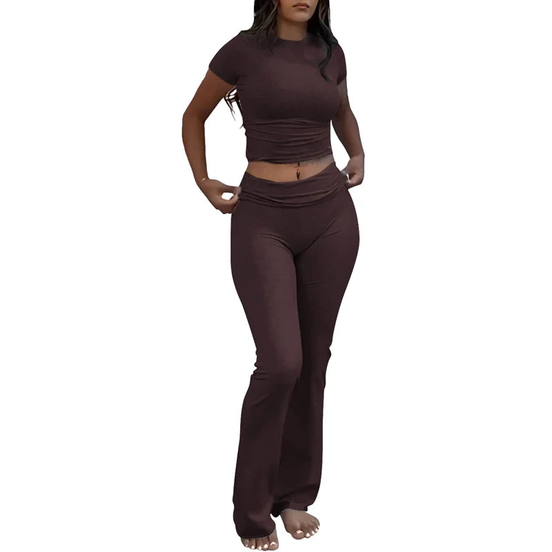 Comfy Cotton Lounge Wear Women Clothes High Stretch Slim Crop Top and Skinny Flare Leg Pants Suit Gym Fitness 2 Two Piece Sets