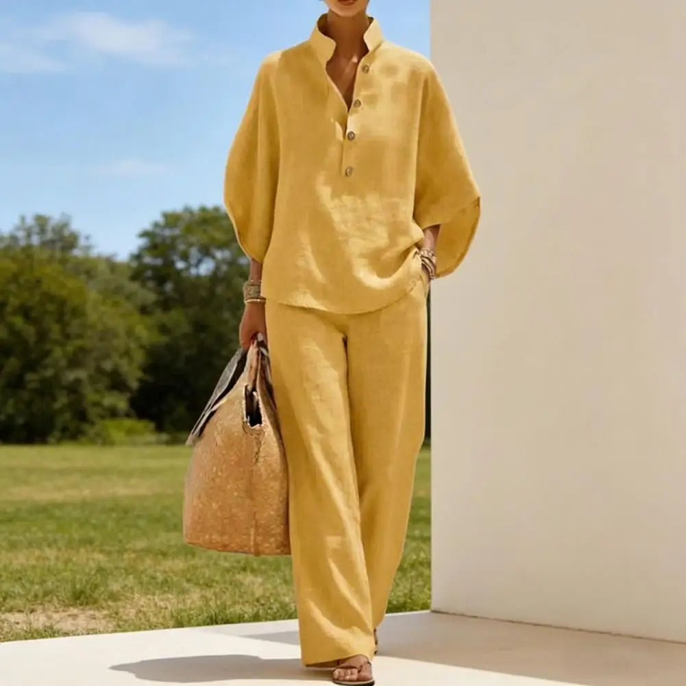 Women's Batwing Sleeve Linen Two-Piece Set Casual Shirt And Wide Leg Pants Outfit Summer Vacation Lounge Sets