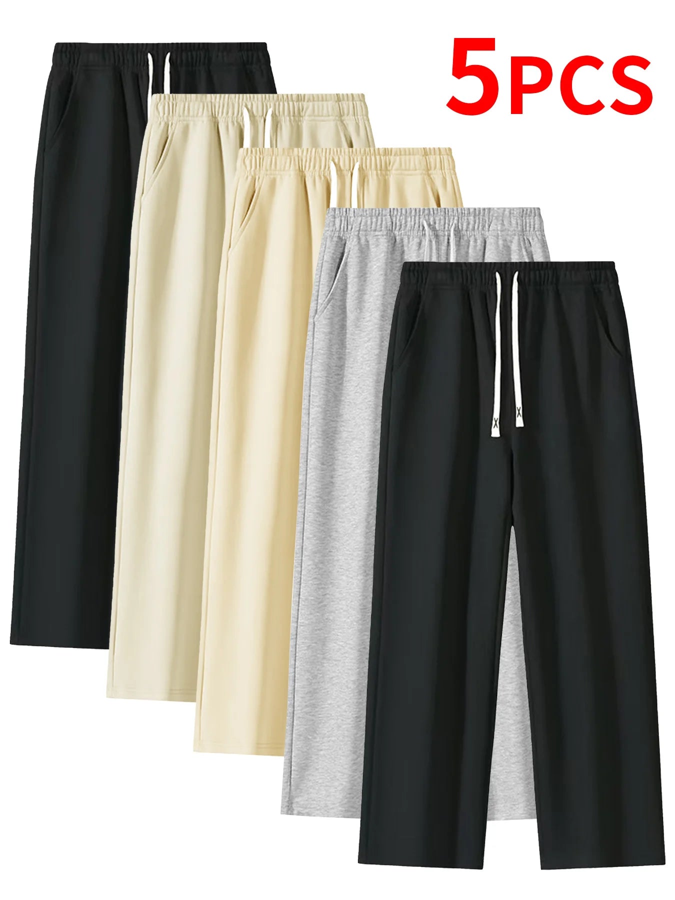 5-piece set of men's casual pants, solid color loose sports pants, slightly elastic straight leg pants, suitable for jogging, fitness, outdoor sports, long pants long