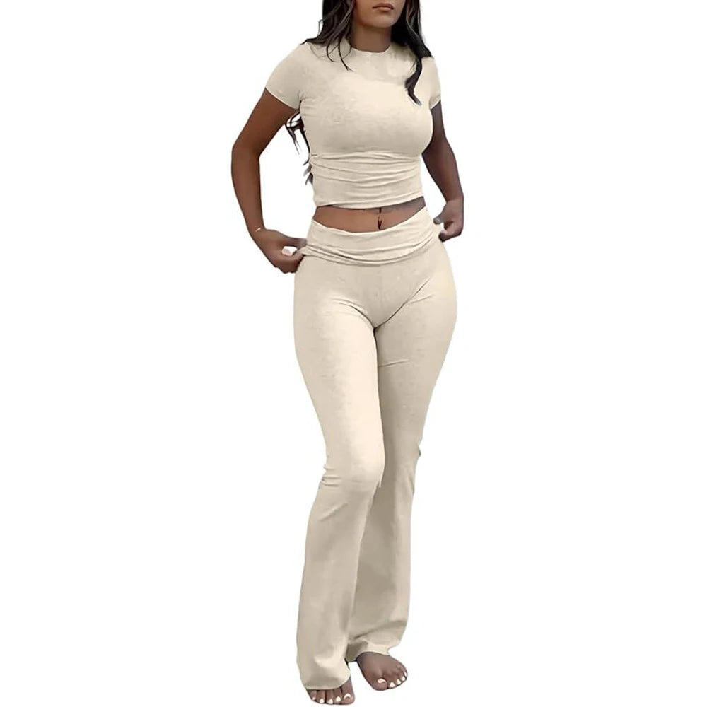 Comfy Cotton Lounge Wear Women Clothes High Stretch Slim Crop Top and Skinny Flare Leg Pants Suit Gym Fitness 2 Two Piece Sets
