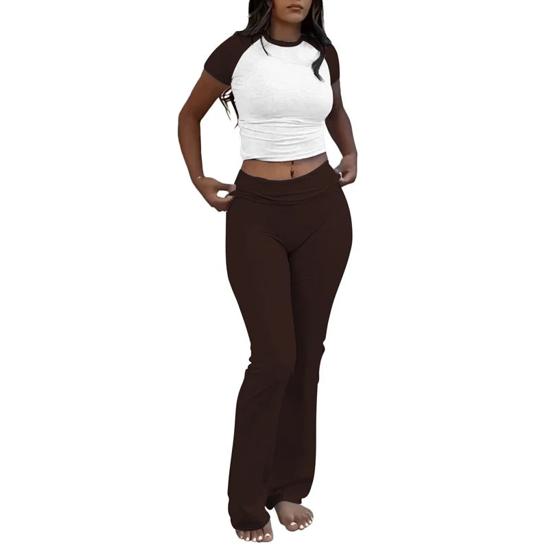 Comfy Cotton Lounge Wear Women Clothes High Stretch Slim Crop Top and Skinny Flare Leg Pants Suit Gym Fitness 2 Two Piece Sets