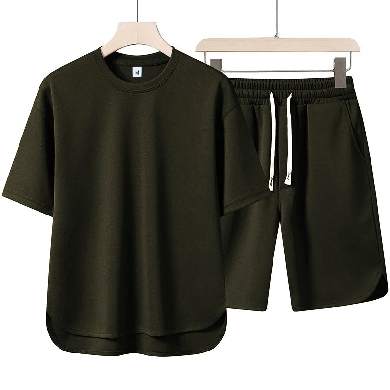 2026 Summer New Men Suit Round Neck Short Sleeve T-shirt+shorts Two Piece Set Loose Outdoor Sports Casual Solid Color Tracksuit
