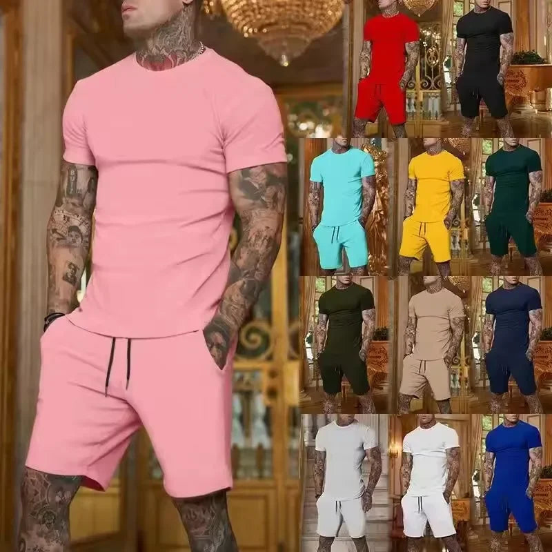 Men Two Piece Tracksuit Relaxed Loose Fit Solid Plain Print Soft Polyester Breathable Outdoor Sport Outfit Summer 2025 Full Sizes