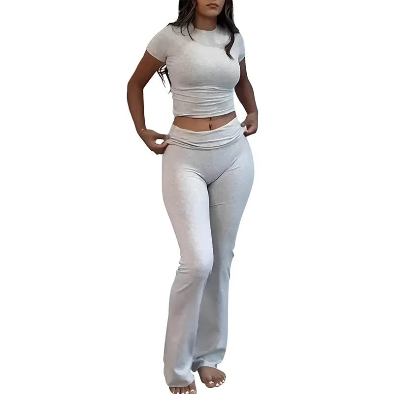 Comfy Cotton Lounge Wear Women Clothes High Stretch Slim Crop Top and Skinny Flare Leg Pants Suit Gym Fitness 2 Two Piece Sets