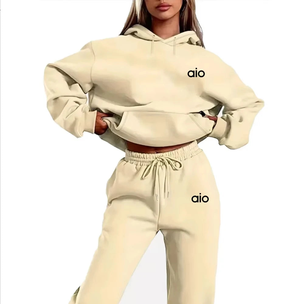ai Printing High Quality Women Monochrome Hooded Hoodie Set Casual Two-Piece Set New Fashion Hot sweatpants tracksuit