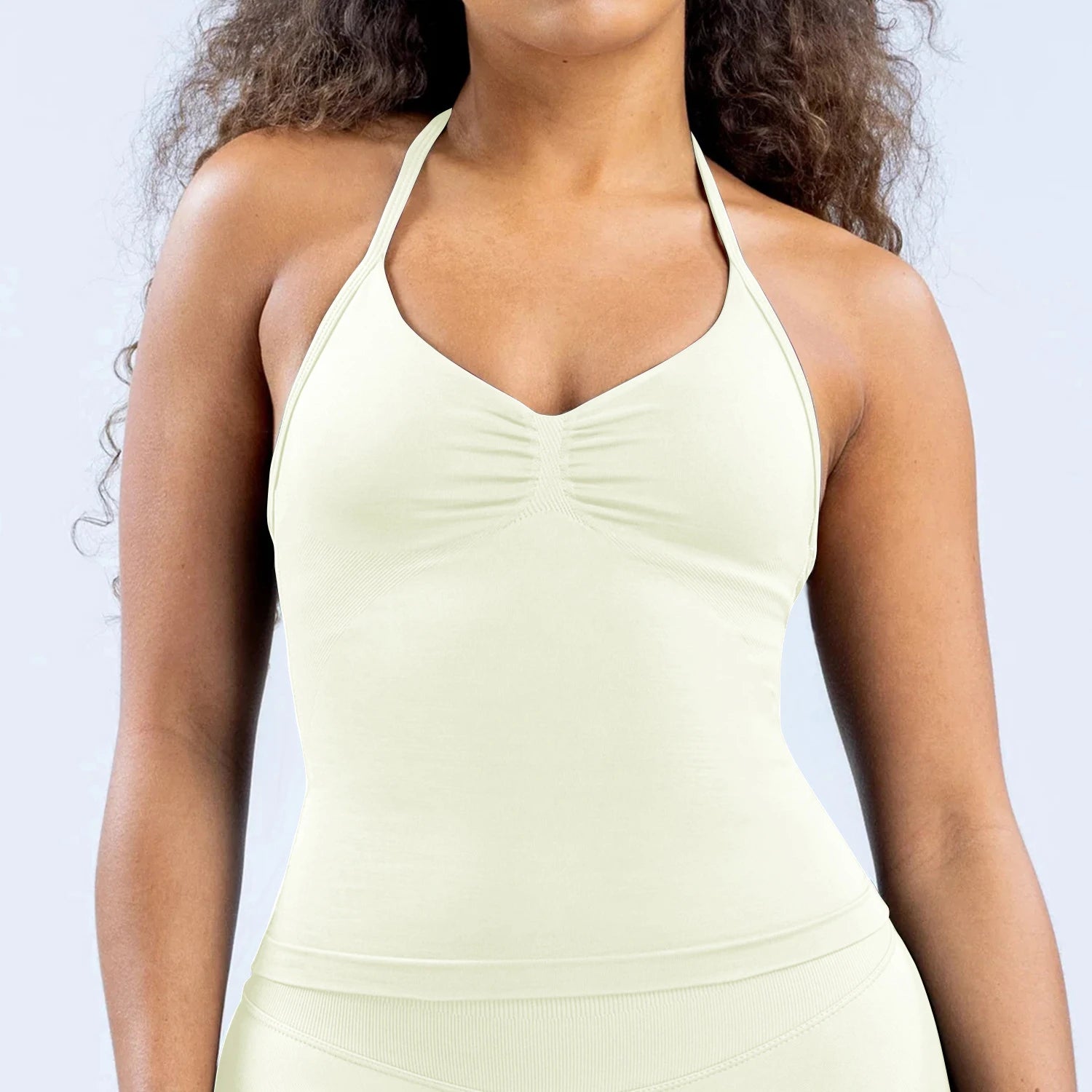Women Seamless Yoga 2 Piece Set Halter V Neck Ruched Cami Top High Waist Stretch Leggings Gym Workout Fitness Activewear Outfit