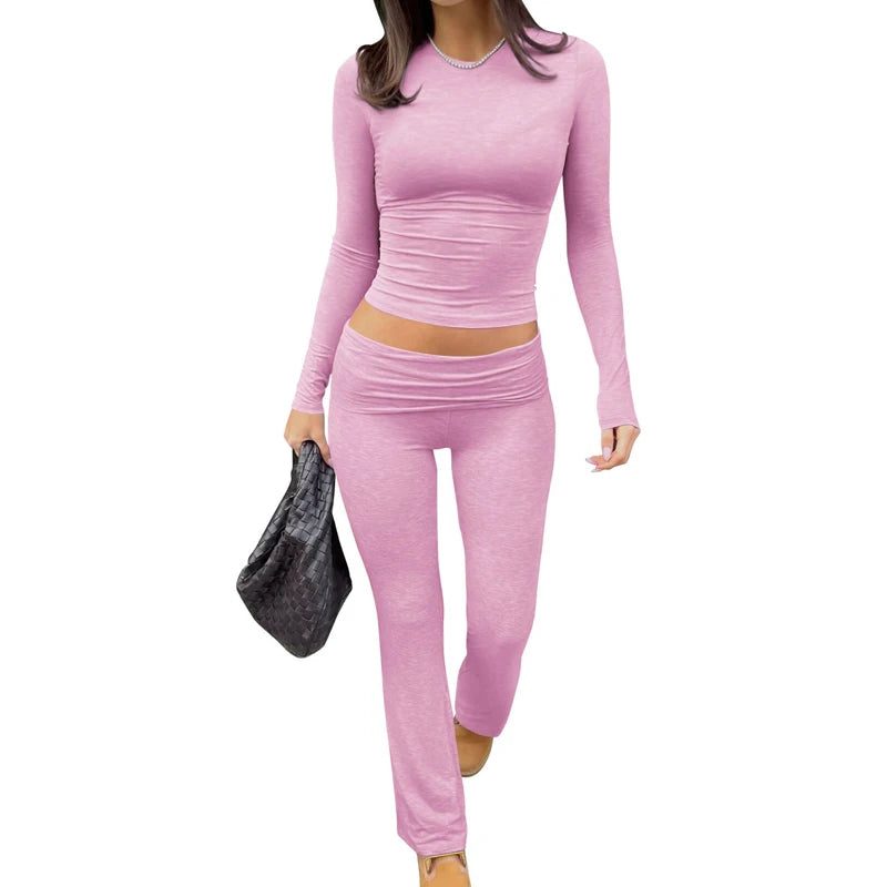 Comfy Cotton Lounge Wear Women Clothes High Stretch Slim Crop Top and Skinny Flare Leg Pants Suit Gym Fitness 2 Two Piece Sets