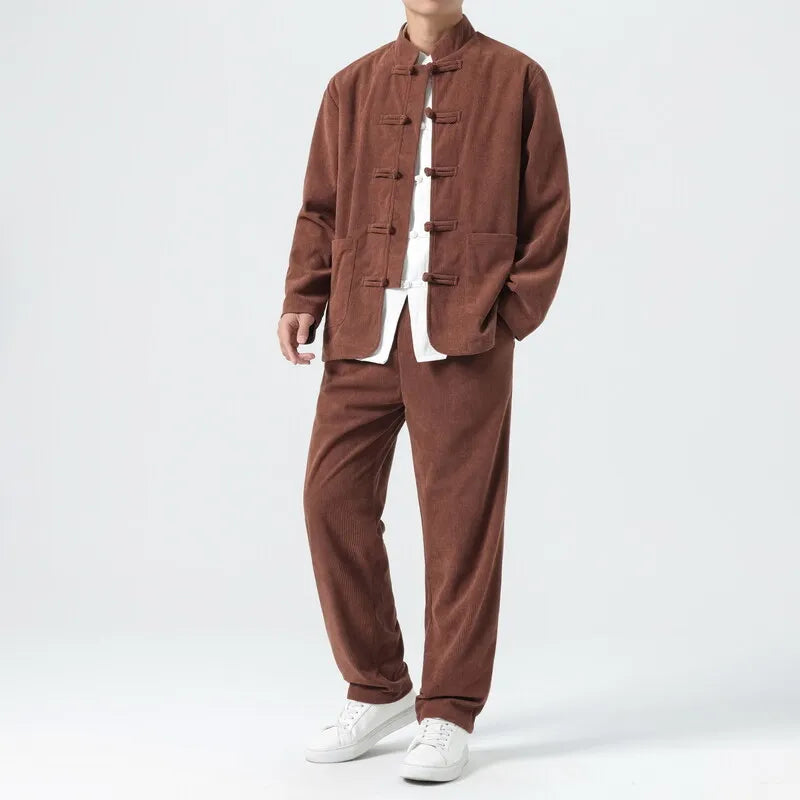 Men Corduroy Sets Men Tang Suit Jackets +Pants Male Kung Fu Traditional Chinese Top & Bottom Sets Men Tai Chi Hanfu Tracksuit