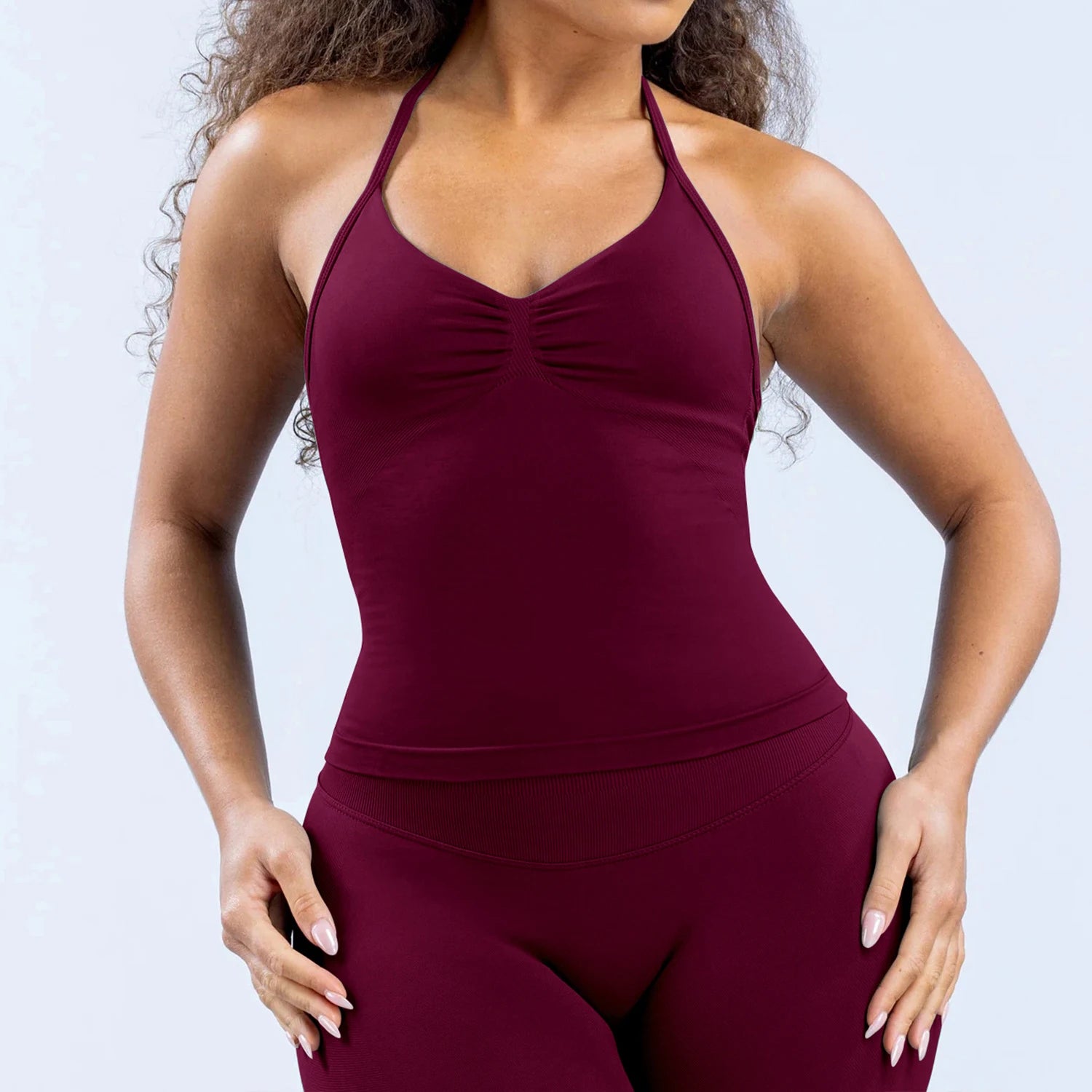 Women Seamless Yoga 2 Piece Set Halter V Neck Ruched Cami Top High Waist Stretch Leggings Gym Workout Fitness Activewear Outfit