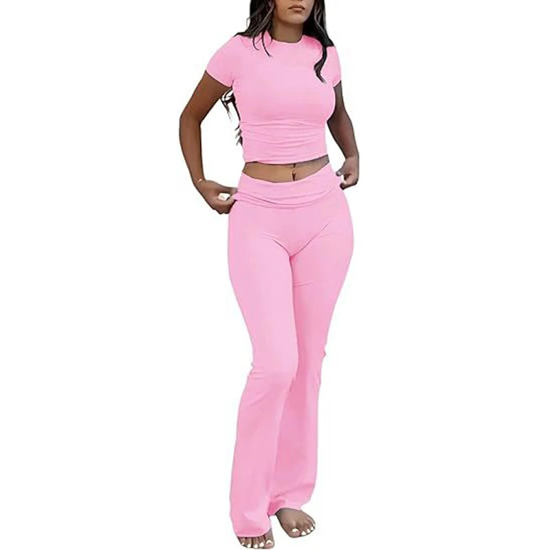 Comfy Cotton Lounge Wear Women Clothes High Stretch Slim Crop Top and Skinny Flare Leg Pants Suit Gym Fitness 2 Two Piece Sets