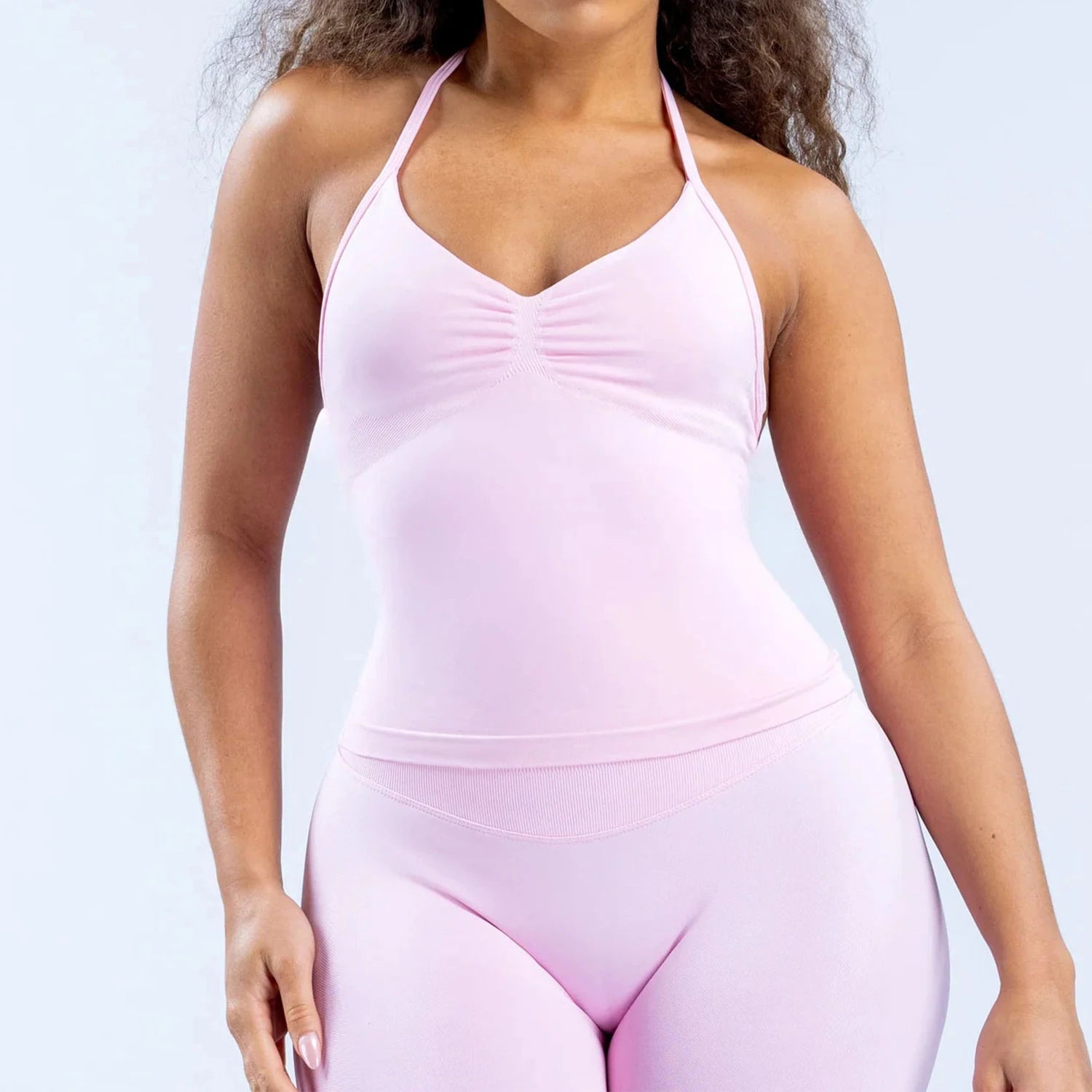 Women Seamless Yoga 2 Piece Set Halter V Neck Ruched Cami Top High Waist Stretch Leggings Gym Workout Fitness Activewear Outfit