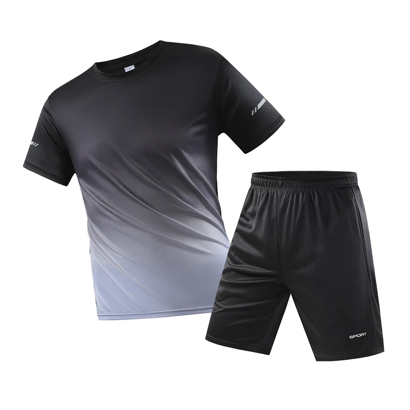 Men Quick Dry Sportswear Set 2 Piece Gradient T Shirt Shorts Lightweight Polyester Summer Gym Running Training Tracksuit