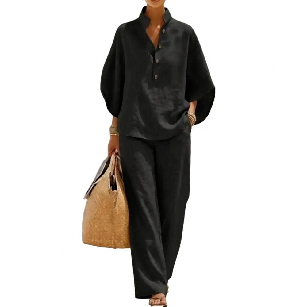 Women's Batwing Sleeve Linen Two-Piece Set Casual Shirt And Wide Leg Pants Outfit Summer Vacation Lounge Sets