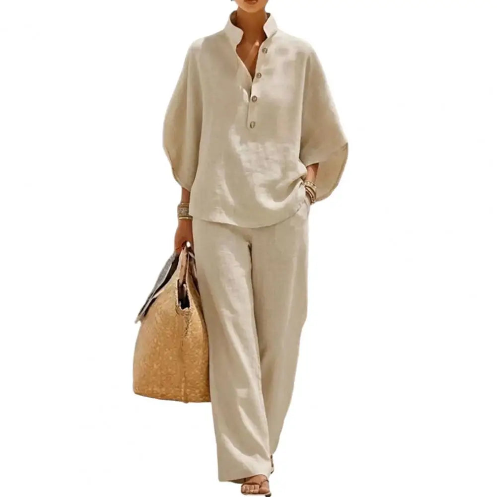 Women's Batwing Sleeve Linen Two-Piece Set Casual Shirt And Wide Leg Pants Outfit Summer Vacation Lounge Sets