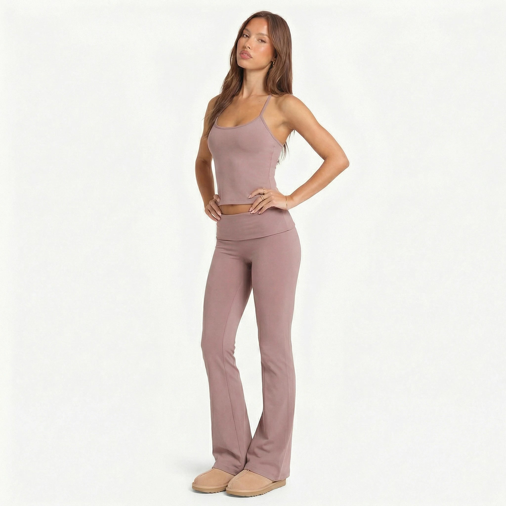 2 Piece Yoga Set Women Foldover Waist Flare Pants Bell Bottoms Tank Top Matching Set Gym Workout Fitness Wear Lounge Wear Suit