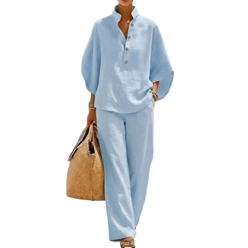 Women's Batwing Sleeve Linen Two-Piece Set Casual Shirt And Wide Leg Pants Outfit Summer Vacation Lounge Sets