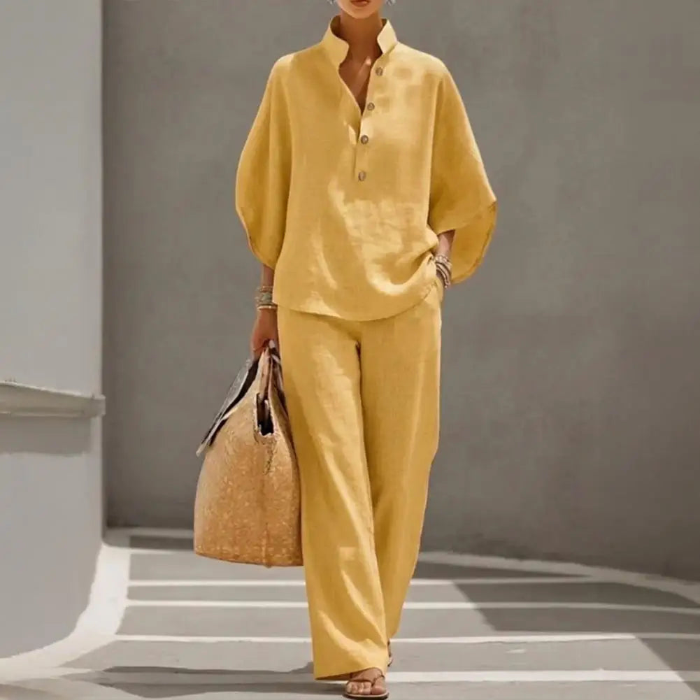 Luxury Fashion Women's Outfit Batwing Sleeve Linen Two-Piece Set Casual Shirt And Wide Leg Pants Summer Vacation Lounge Sets