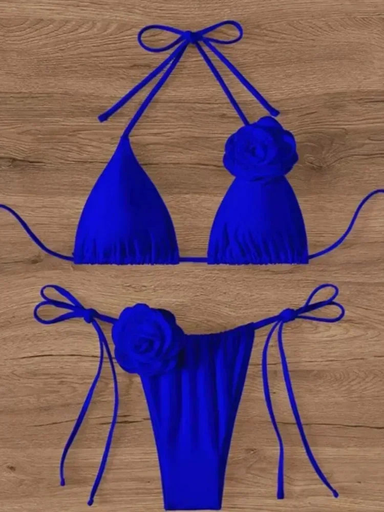 Women's Flower Bandeau Bikini Set – Lace-Up Thong Brazilian Swimsuit