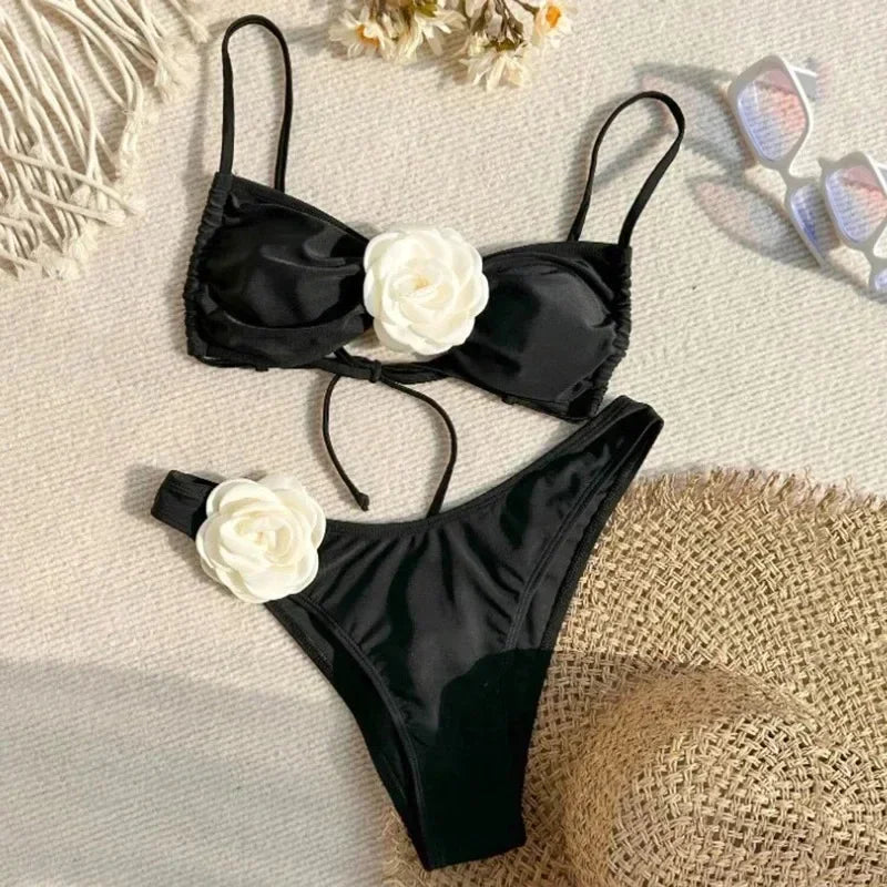 Women's Flower Bandeau Bikini Set – Lace-Up Thong Brazilian Swimsuit