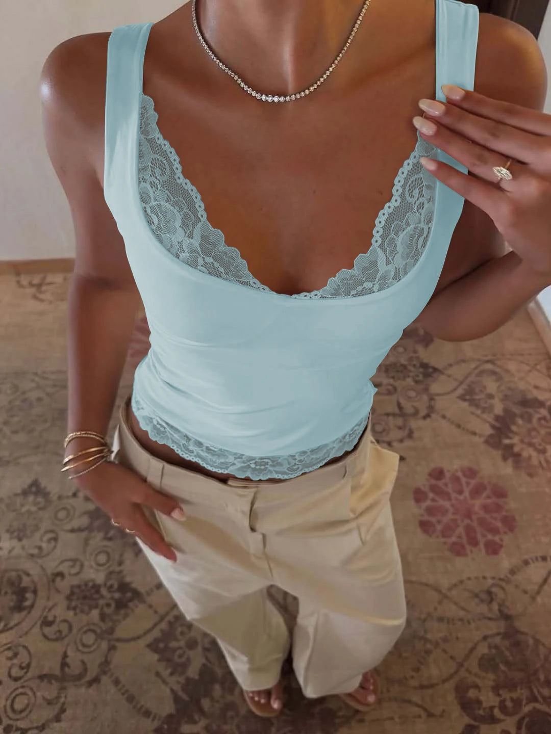 Dulzura Square Collar Backless Slim Lace Ruffles Patchwork Tank Top Women'S Fashion Sexy Y2K Top Party Vacation Summer Clothes