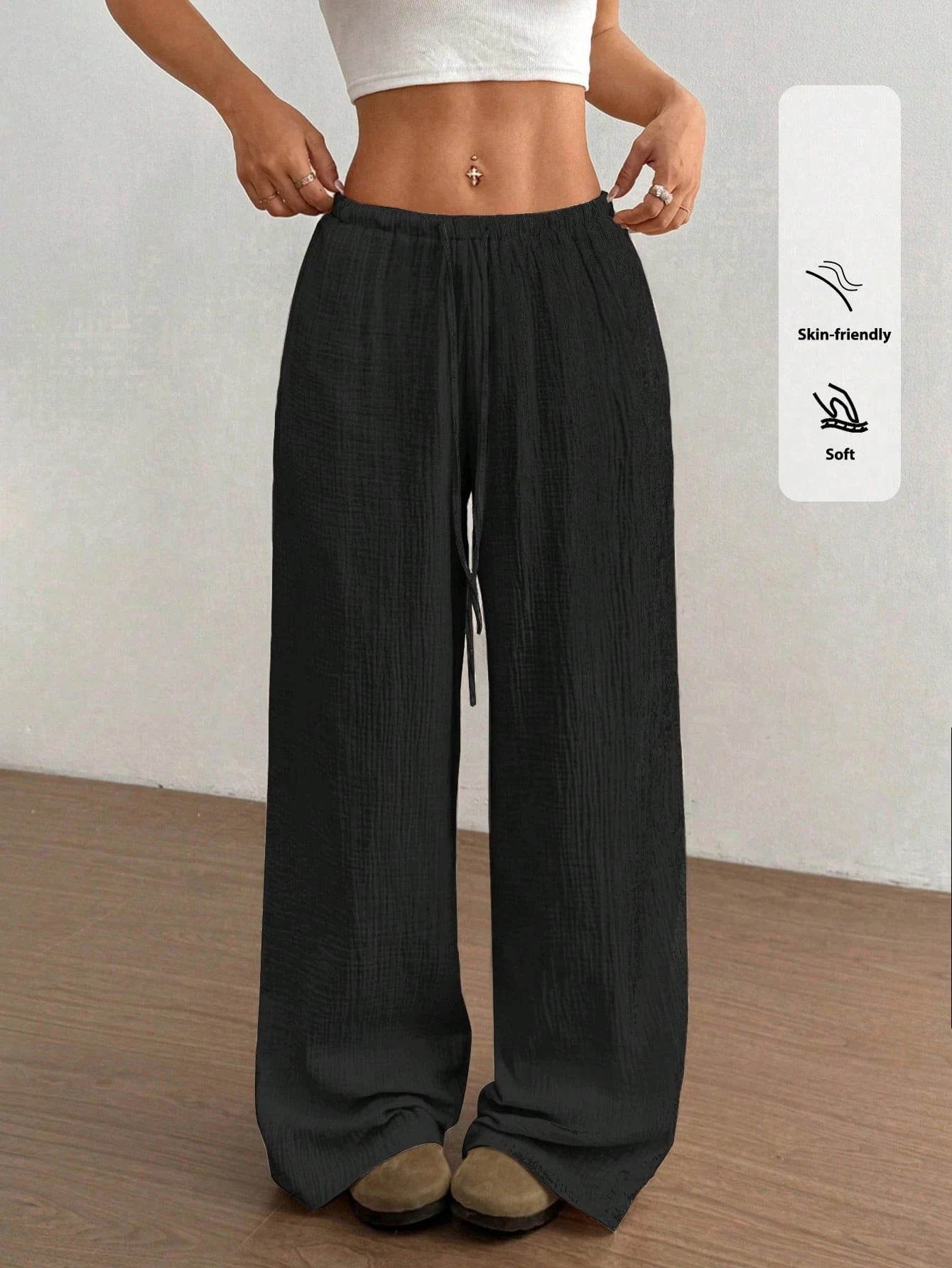 Womens Low Rise Palazzo Pants Casual Straight Long Pants Comfy Breathable Lounge Dressy Travel Vacation Beach Slacks
