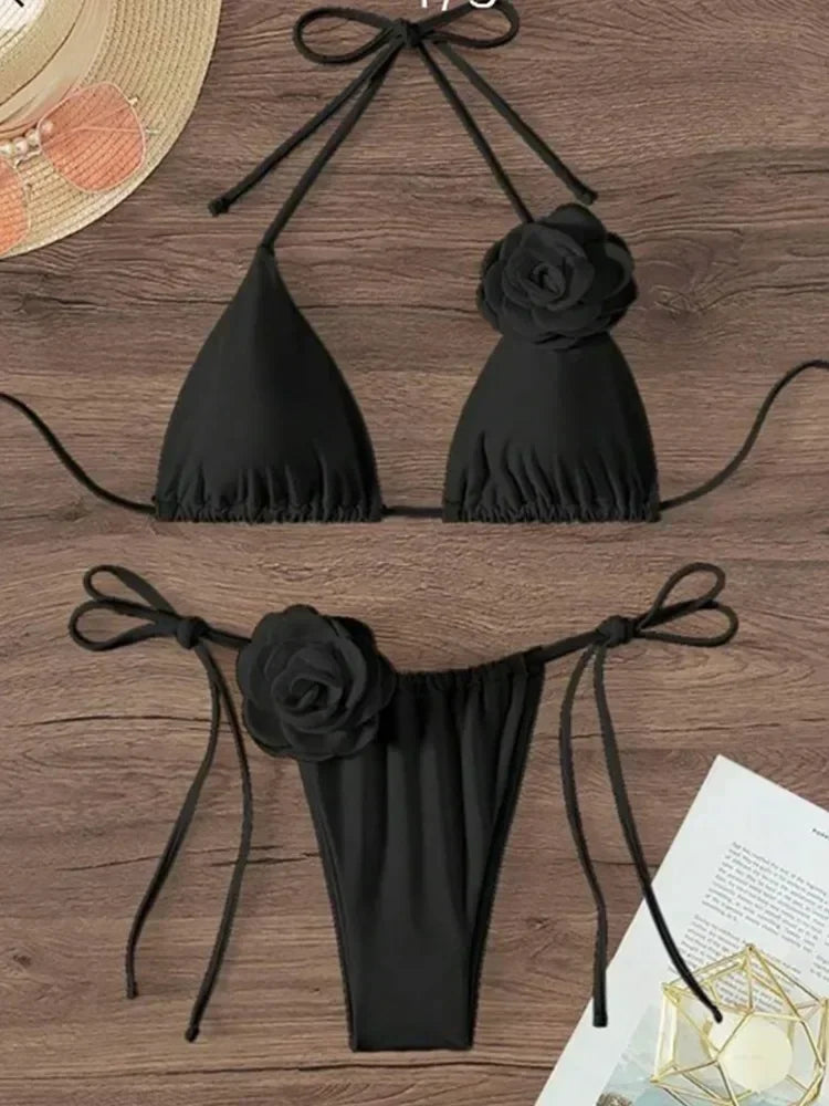 Women's Flower Bandeau Bikini Set – Lace-Up Thong Brazilian Swimsuit