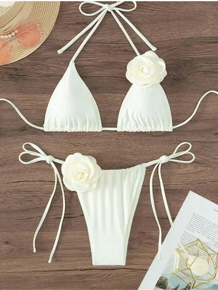 Women's Flower Bandeau Bikini Set – Lace-Up Thong Brazilian Swimsuit