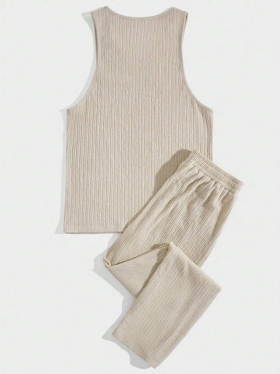 Men Solid Tank Top And Pants Set Sleeveless Ribbed Two Piece Outfit