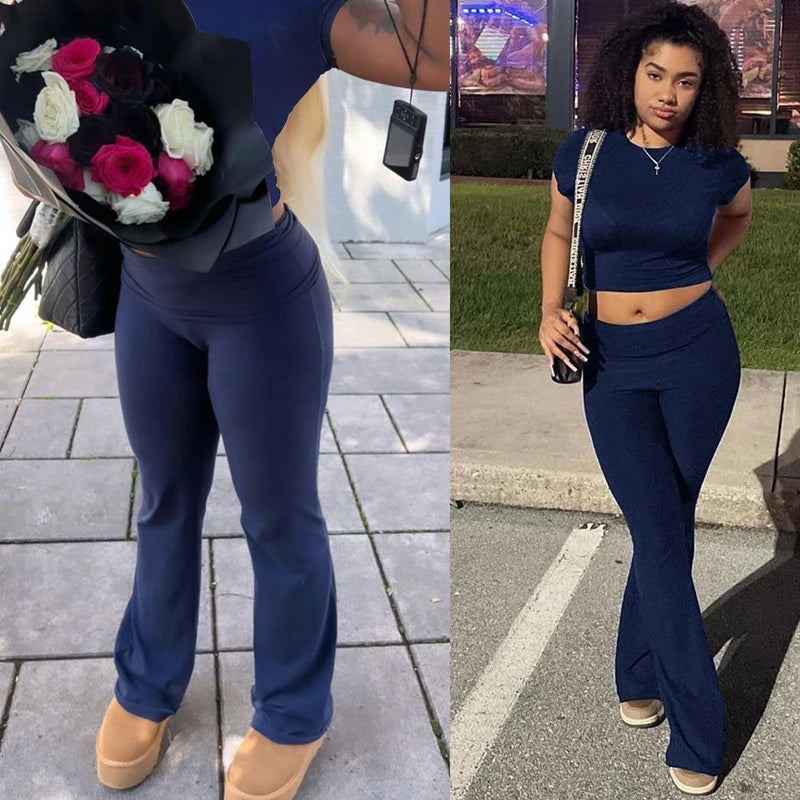 Comfy Cotton Lounge Wear Women Clothes High Stretch Slim Crop Top and Skinny Flare Leg Pants Suit Gym Fitness 2 Two Piece Sets