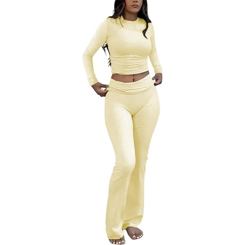 Comfy Cotton Lounge Wear Women Clothes High Stretch Slim Crop Top and Skinny Flare Leg Pants Suit Gym Fitness 2 Two Piece Sets