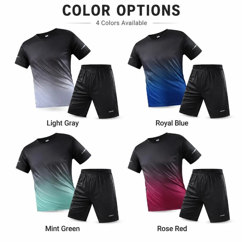 Men Quick Dry Sportswear Set 2 Piece Gradient T Shirt Shorts Lightweight Polyester Summer Gym Running Training Tracksuit