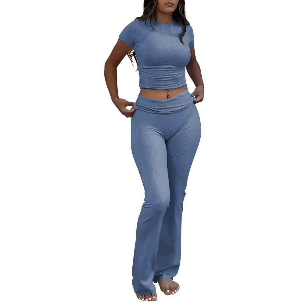 Comfy Cotton Lounge Wear Women Clothes High Stretch Slim Crop Top and Skinny Flare Leg Pants Suit Gym Fitness 2 Two Piece Sets