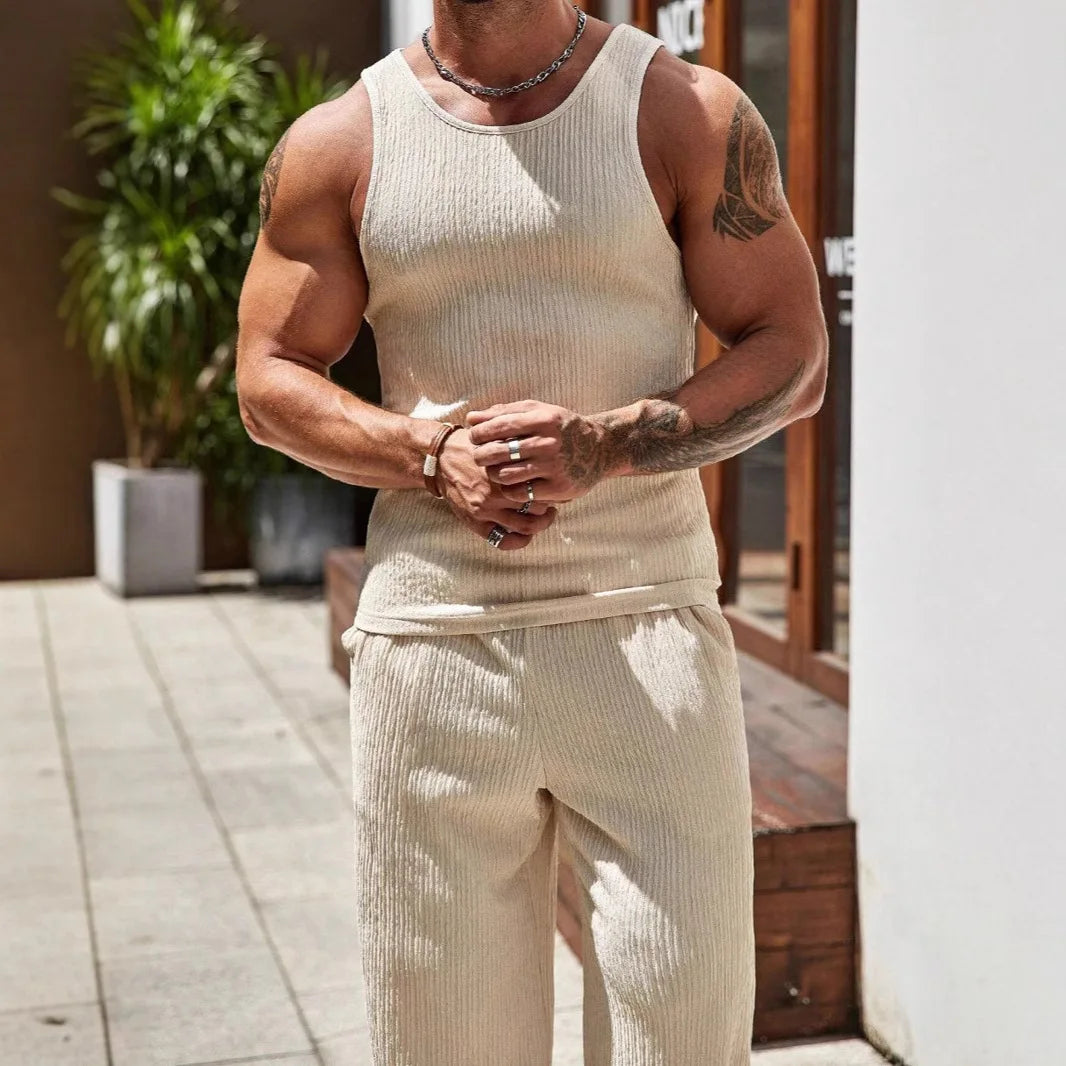 2026 Spring Summer Men's Slim Fit Tank Top Gym Vest Set Sport Suit Tracksuit Bodybuilding Muscle Tops Blouse