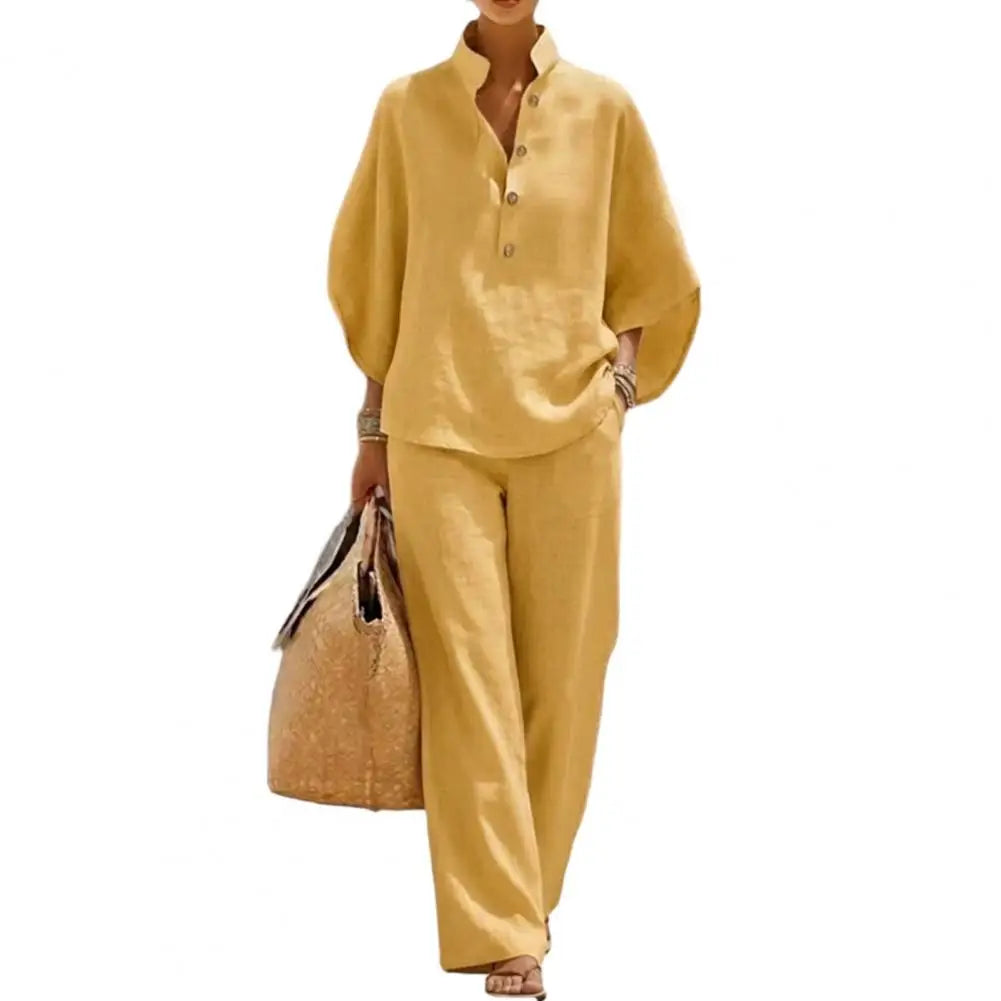 Women's Batwing Sleeve Linen Two-Piece Set Casual Shirt And Wide Leg Pants Outfit Summer Vacation Lounge Sets